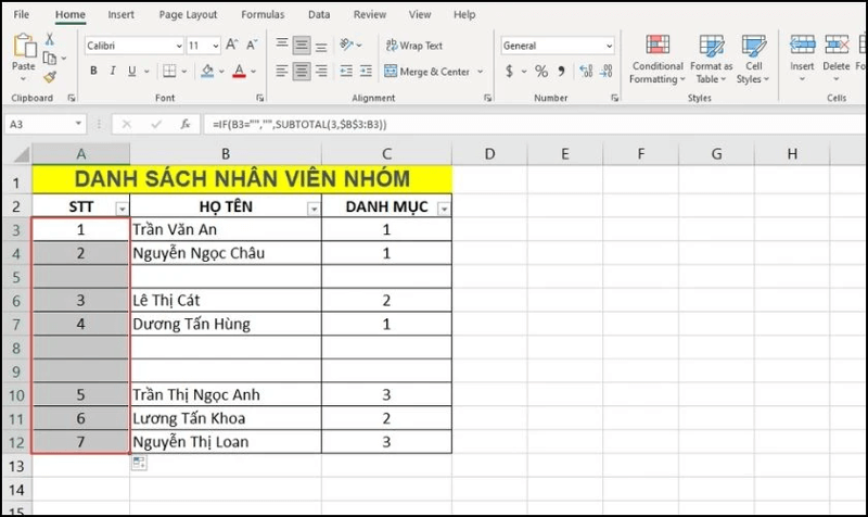 Kết hợp hàm SUBTOTAL và HAM IF bước 2