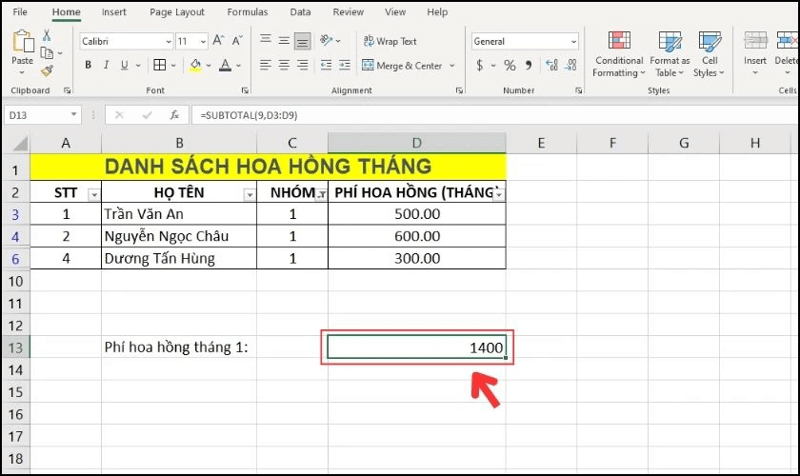 Sử dụng hàm SUBTOTAL để tính tổng vùng được lọc bước 5