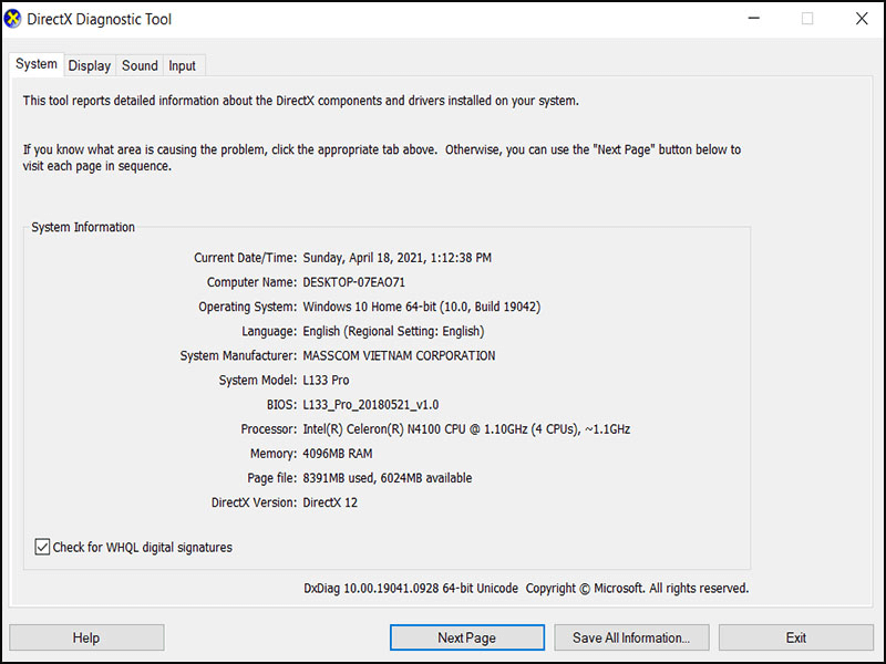  Cách kiểm tra cấu hình máy tính bằng DirectX Diagnostic Tool bước 2