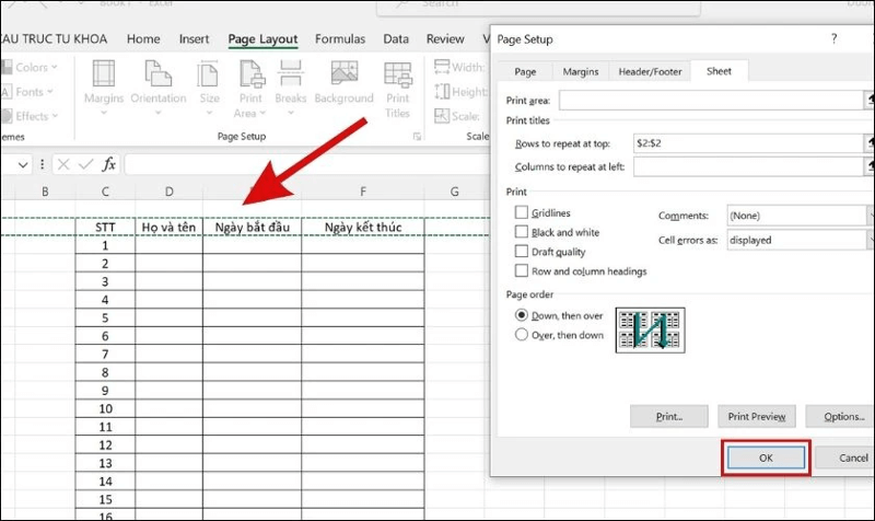 cách lặp lại tiêu đề trong Excel bước 3