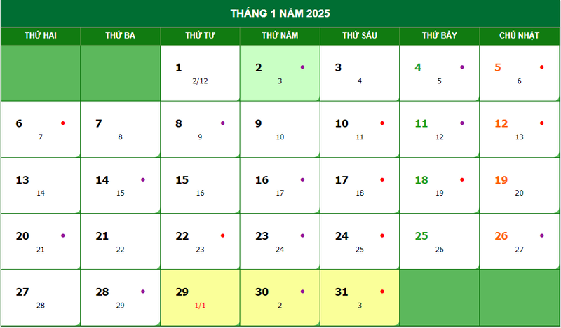 Lịch dương, âm tháng 1 năm 2025