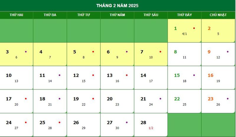 Lịch dương, âm tháng 2 năm 2025