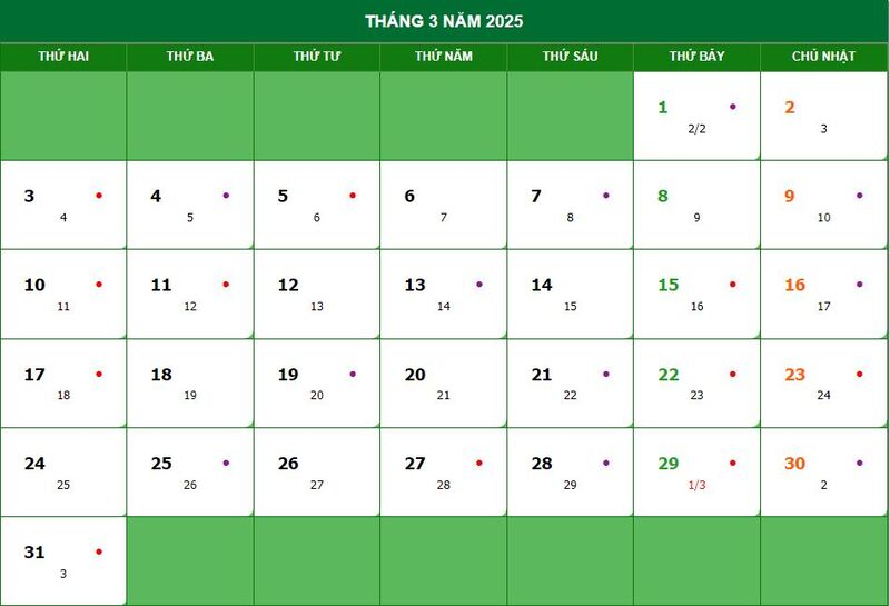 Lịch âm, dương tháng 3 năm 2025