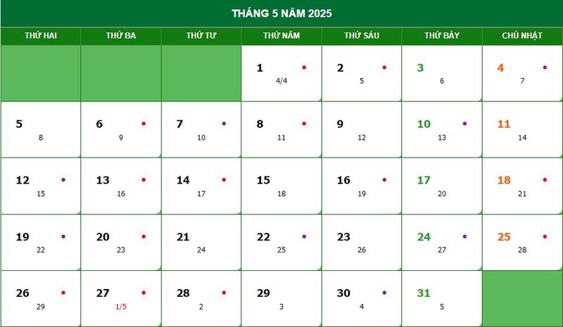 Lịch vạn niên tháng 5 năm 2025