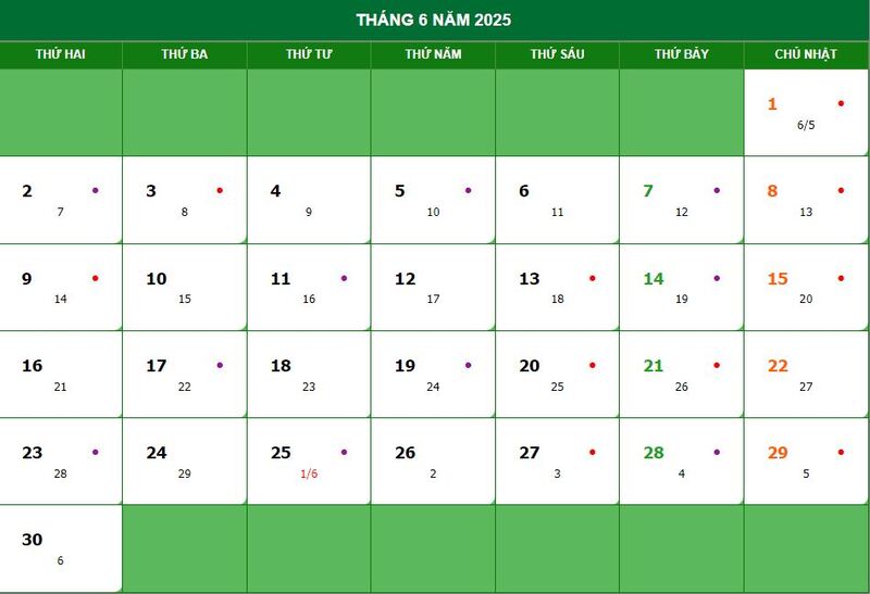 Lịch dương, âm tháng 6 năm 2025
