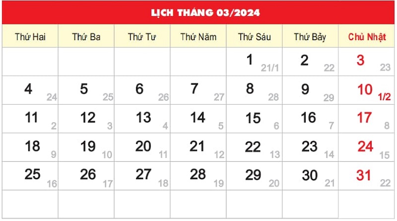 Lịch tháng 2 âm lịch 2024 vào tháng 3 dương lịch