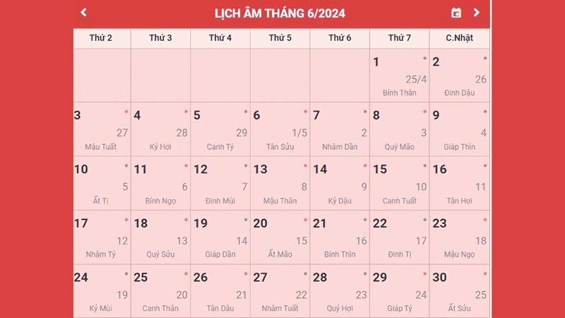 Lịch âm tháng 6 năm 2024