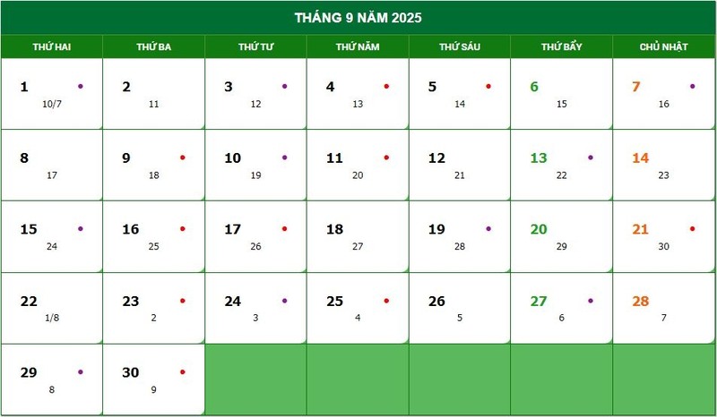 Lịch dương tháng 9 năm 2025