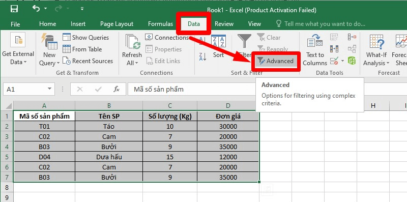 Cách lọc dữ liệu trùng nhau trong 2 cột Excel bằng Advanced Filter bước 2