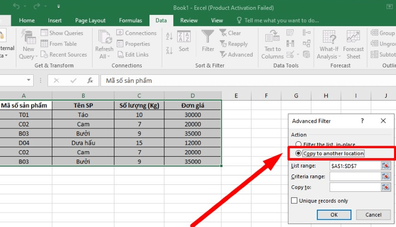 Cách lọc dữ liệu trùng nhau trong 2 cột Excel bằng Advanced Filter bước 3