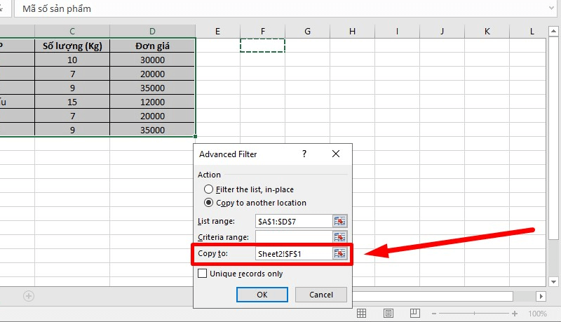 Cách lọc dữ liệu trùng nhau trong 2 cột Excel bằng Advanced Filter bước 4