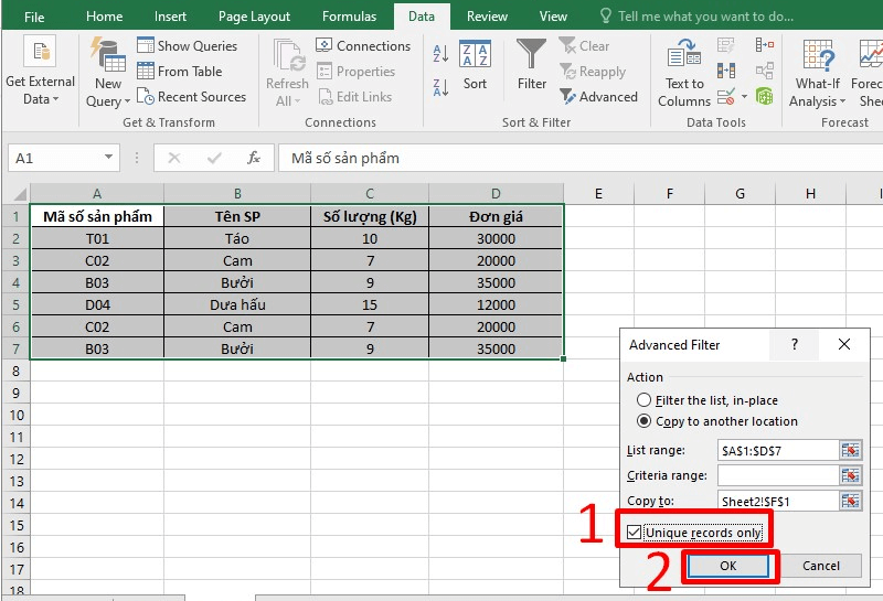 Cách lọc dữ liệu trùng nhau trong 2 cột Excel bằng Advanced Filter bước 5