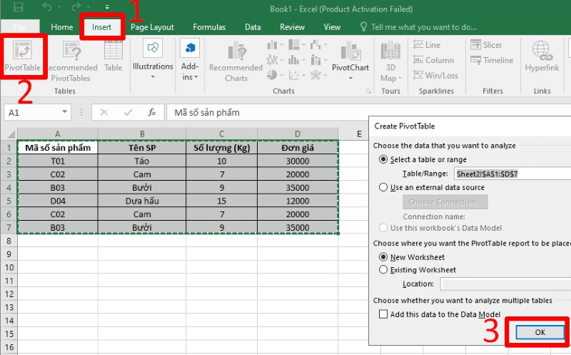 Loại bỏ trùng lặp trong Excel bằng cách sử dụng Pivot Table bước 1