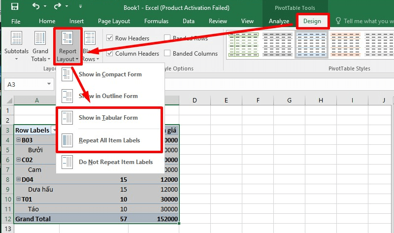 Loại bỏ trùng lặp trong Excel bằng cách sử dụng Pivot Table bước 3