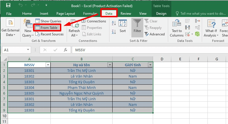 Kiểm tra trùng dữ liệu trong Excel bằng Power Query bước 1