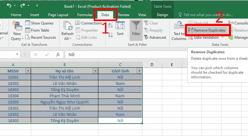 Cách lọc dữ liệu trùng trong Excel bằng Remove Duplicate bước 1