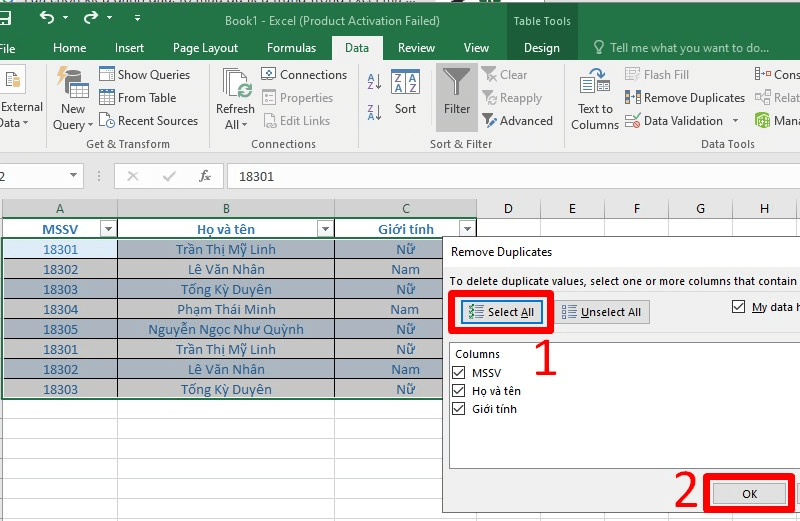 Cách lọc dữ liệu trùng trong Excel bằng Remove Duplicate bước 2