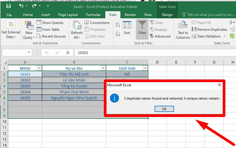 Cách lọc dữ liệu trùng trong Excel bằng Remove Duplicate bước 3