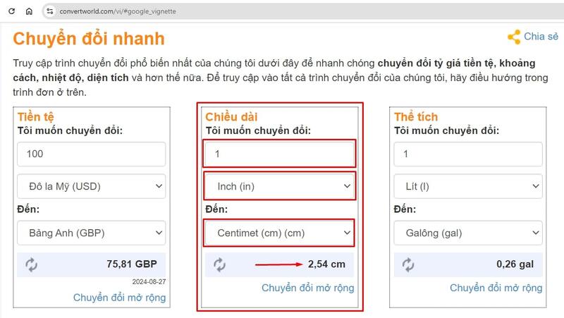 Chuyển đổi inch sang cm trên ConvertWorld