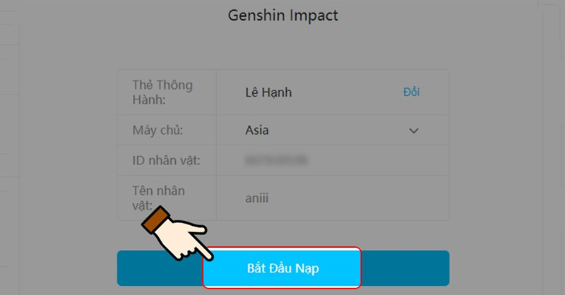 Nạp Genshin Impact vì chưng thẻ điện thoại thông minh, Zing, Gate bước 2