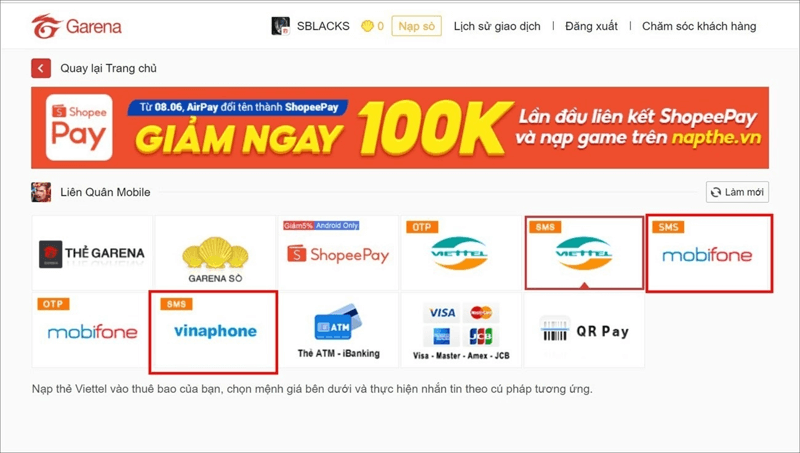 Nạp Liên Quân qua SMS Viettel, Vinaphone, Mobifone