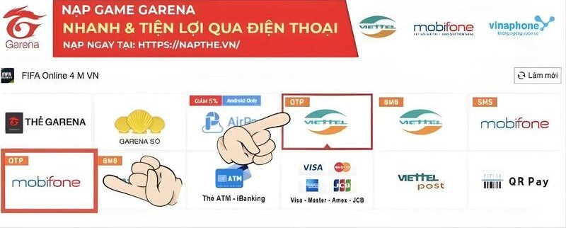 Nạp thẻ qua mã OTP Viettel, MobiFone bước 1