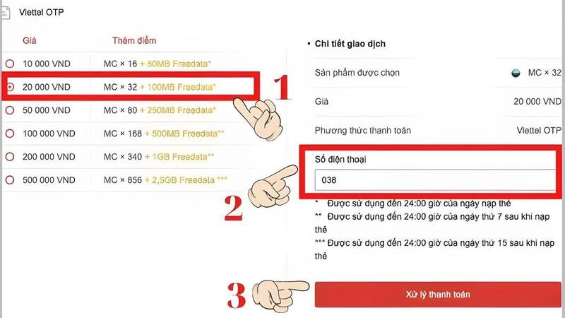 Nạp thẻ qua mã OTP Viettel, MobiFone bước 2