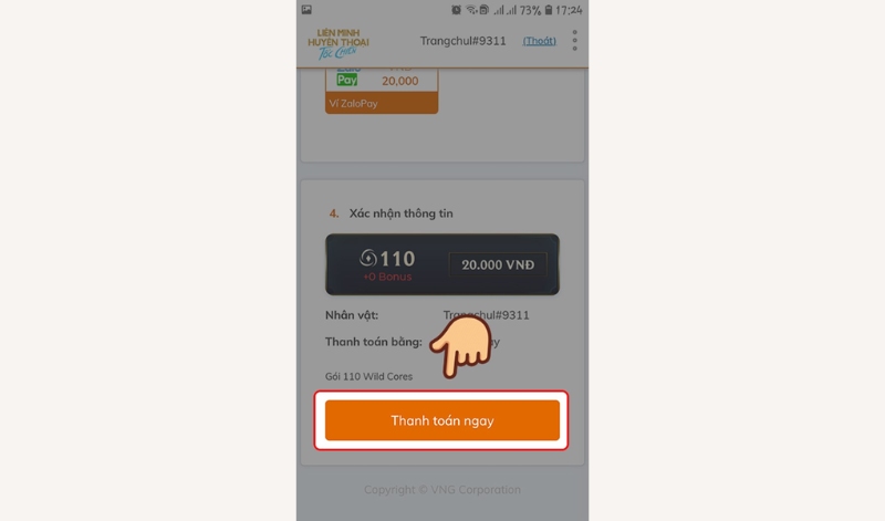 Cách nạp thẻ game Tốc Chiến đơn giản qua Zalo Pay bước 4