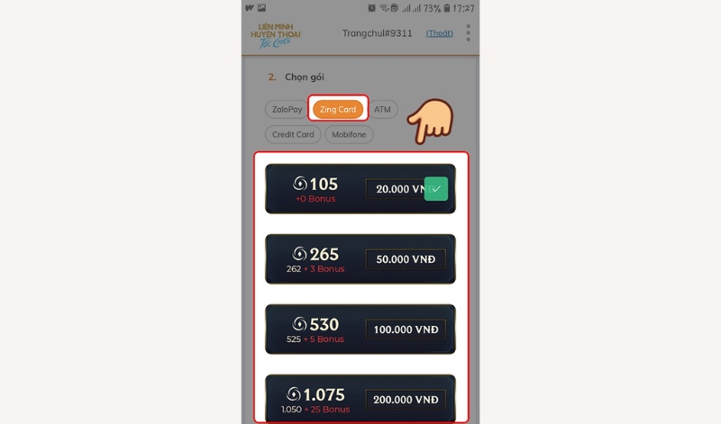 Cách nạp thẻ Tốc Chiến trên Zing card bước 5