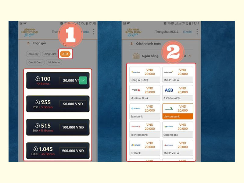 Nạp thẻ Liên Minh Tốc Chiến với thẻ ATM  bước 2