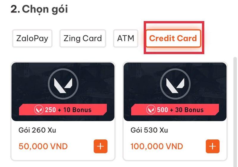 Nạp Valorant VNG qua thẻ tín dụng (Credit Card) bước 1