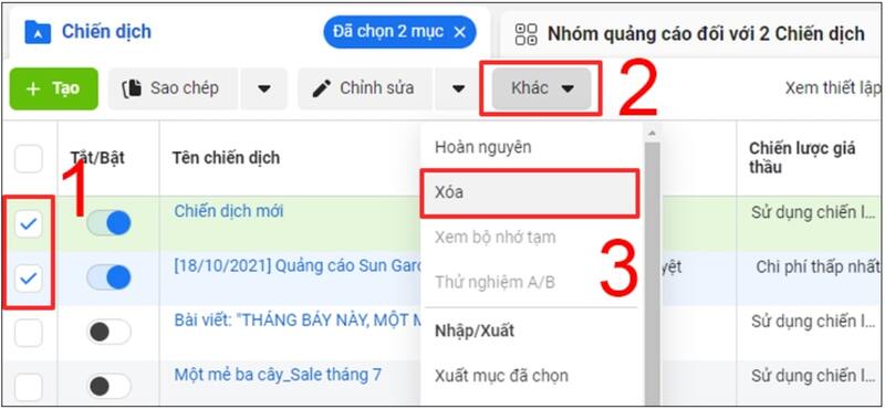 Cách xóa Facebook Ads bước 2