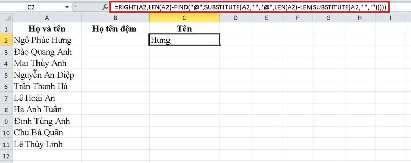 Các bước tách họ bằng Find and Replace bước 1