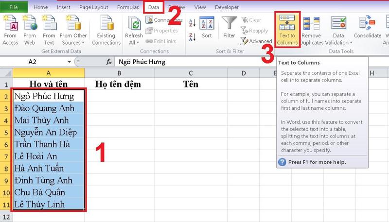 Ứng dụng công cụ Text to Columns bước 1