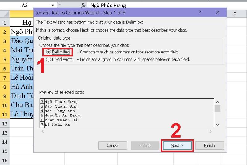 Ứng dụng công cụ Text to Columns bước 2