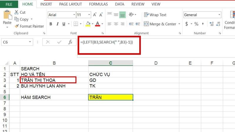 hàm tách chữ trong Excel với công cụ SEARCH