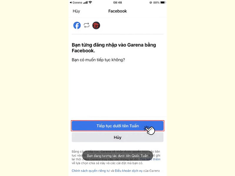 Gợi ý cách tạo tài khoản Garena miễn phí với tài khoản Facebook bước 3