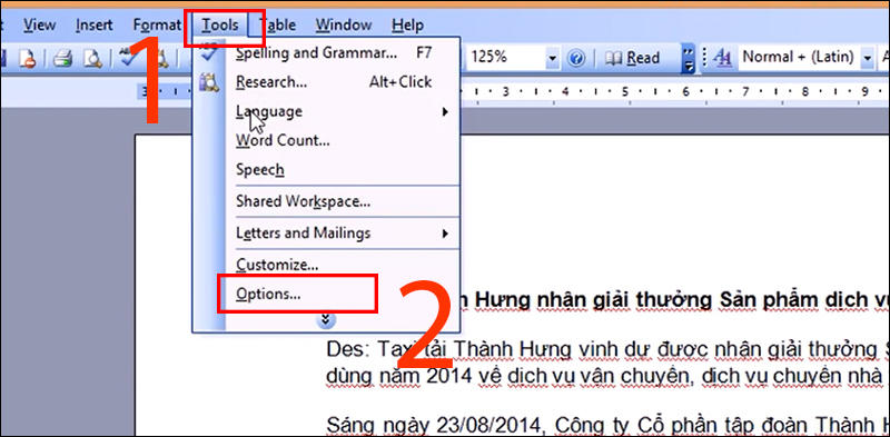 Cách xóa dấu gạch đỏ trong Word 2003 bước 1