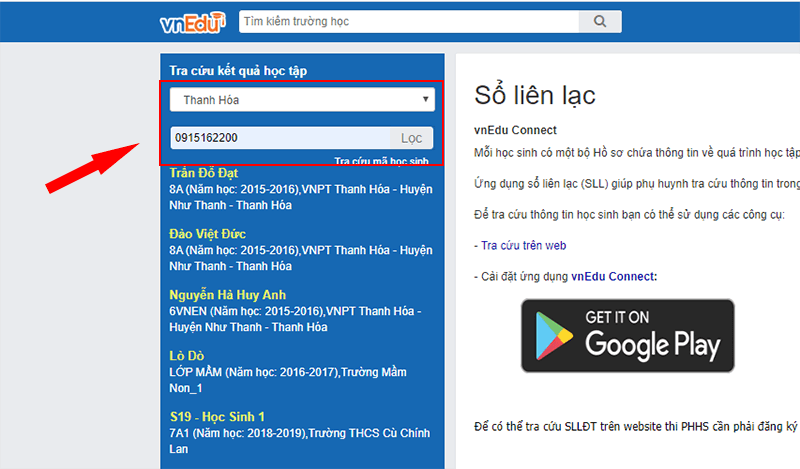 Cách tra cứu điểm Vnedu trên máy tính bước 2