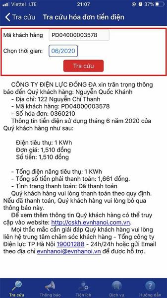  tra cứu tiền điện theo mã khách hàng bằng app điện lực bước 4