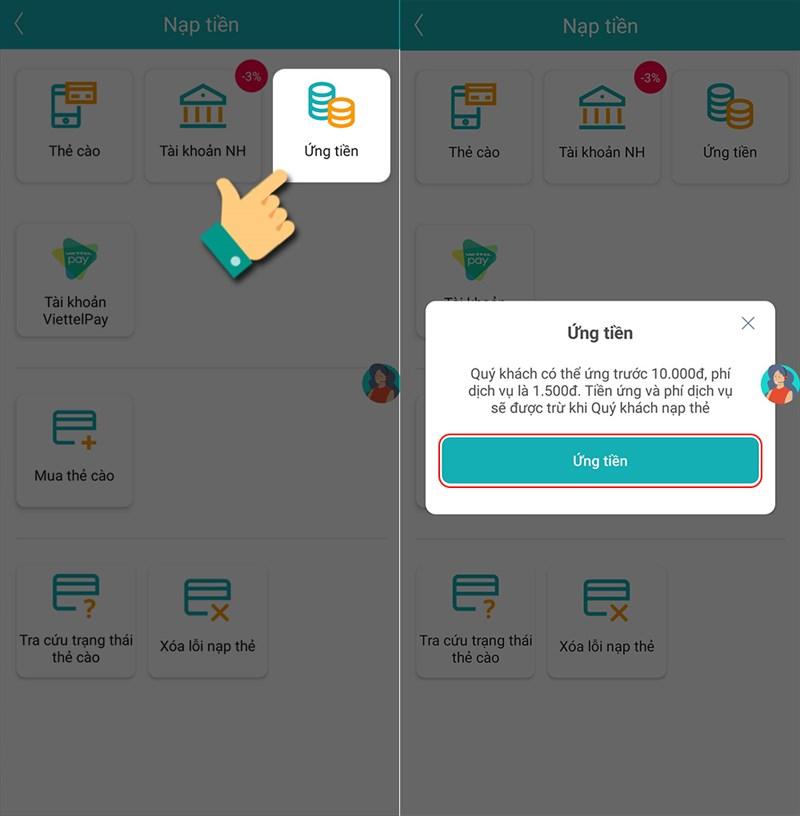 Ứng tiền qua ứng dụng My Viettel bước 2