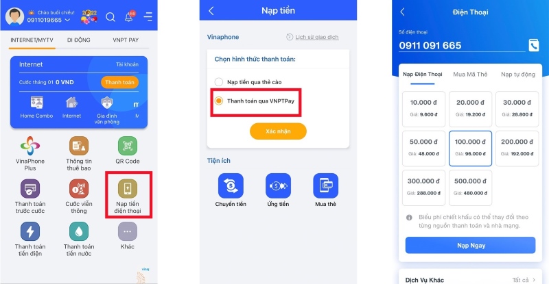 Cách ứng tiền VinaPhone trên app My VNPT