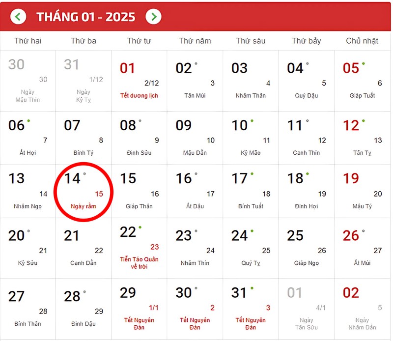 Rằm tháng 12 năm 2025 là ngày nào