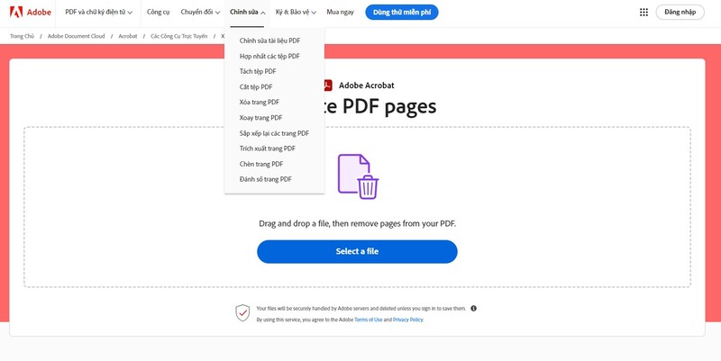 Xóa các trang PDF miễn phí online trên Adobe Acrobat bước 1