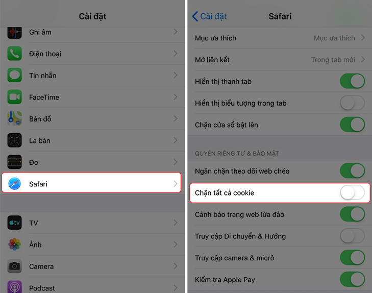 Cách bật cookie trên điện thoại Iphone qua trình duyệt Safari