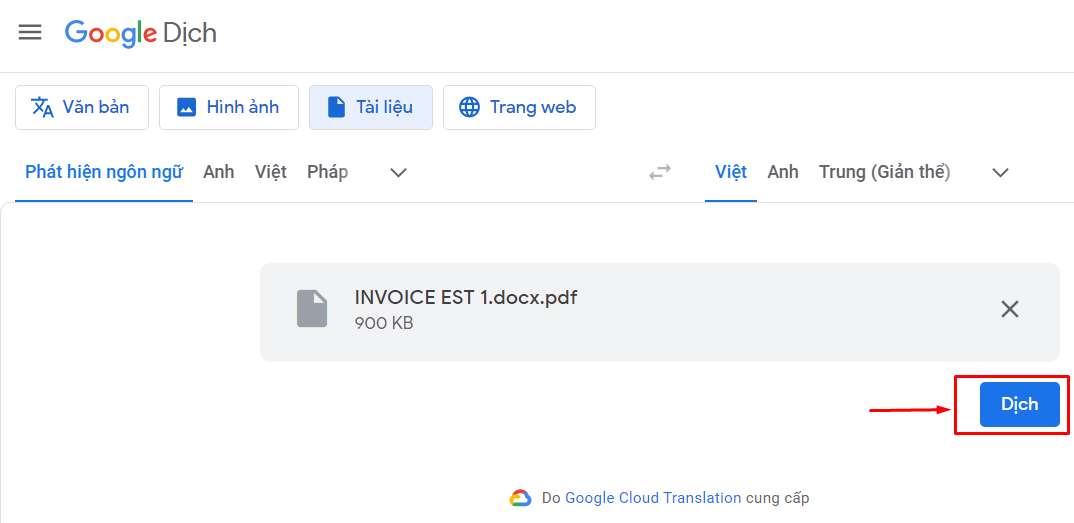  Cách gửi PDF giờ đồng hồ Anh sang trọng giờ đồng hồ Việt vì chưng Google Translate bước 2