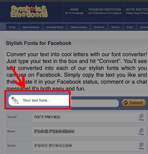 Cách thay đổi font text loại bên trên Facebook vị Symbols & Emoticons bước 2
