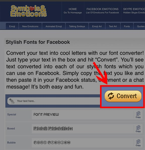 Cách thay đổi font text loại bên trên Facebook vị Symbols & Emoticons bước 3