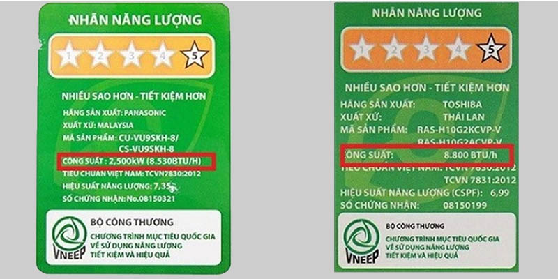 Dựa vào tem nhãn ghi BTU/h