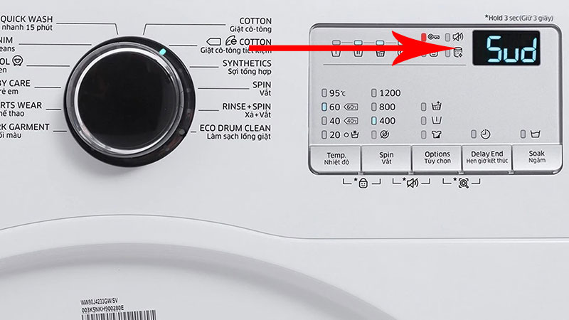 Thông báo sud/5ud xuất hiện khi cho quá nhiều nước giặt/bột giặt vào máy.